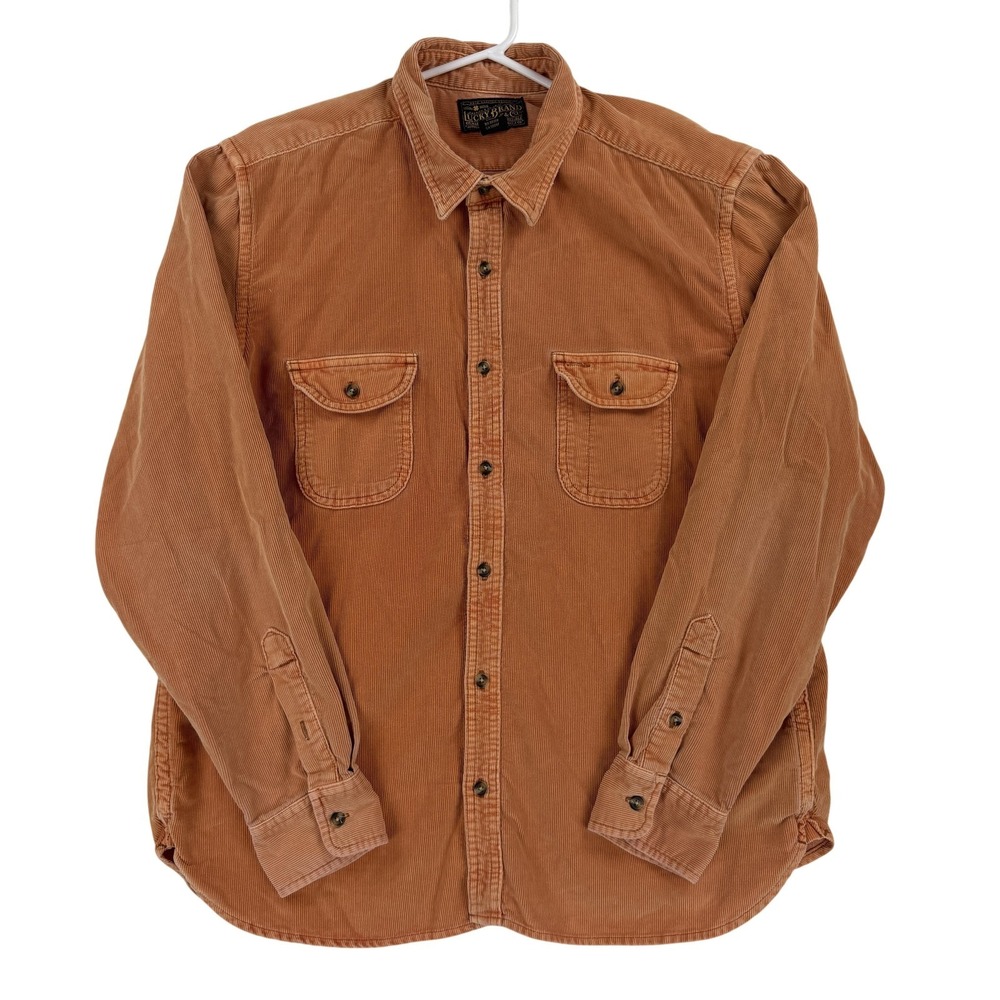 Lucky Brand Shirt Mens Large Orange Corduroy Long Sleeve Button Front Casual Y2K